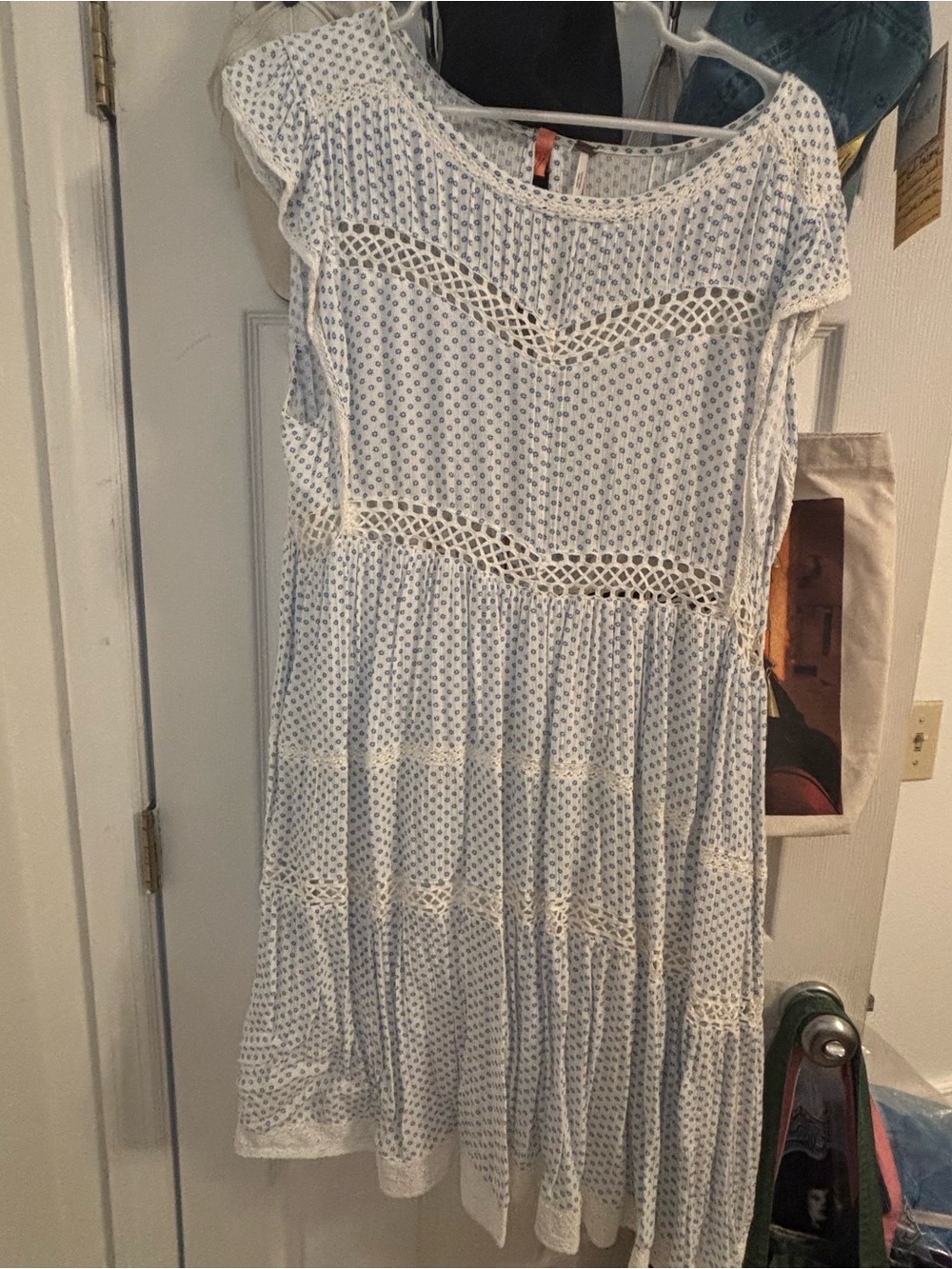 Free People White & Blue Floral Crochet Detail SHEER Dress
